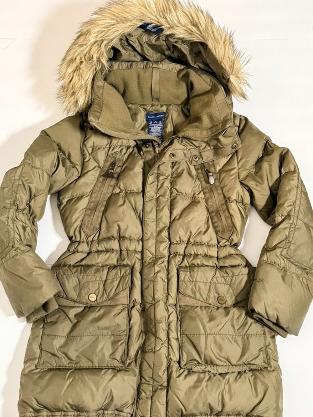Ralph Lauren Girls M 8-10 Olive Puffer Coat Faux Fur Hood